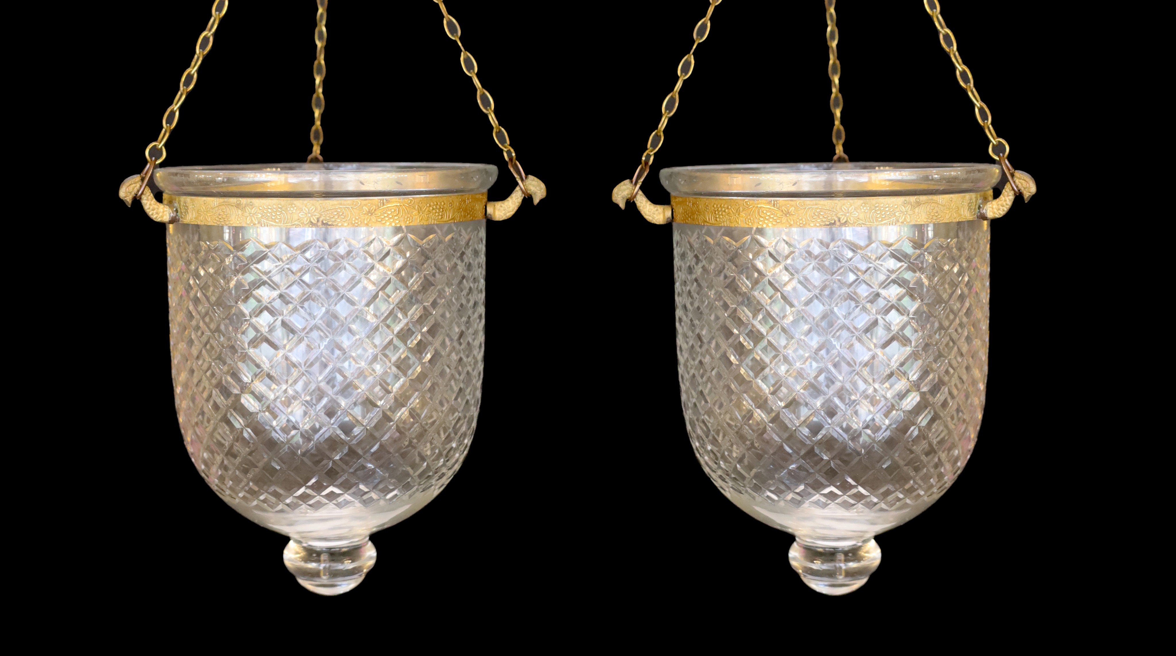 A pair of cut glass hurricane style ceiling lights, height 24cm. width 19cm
